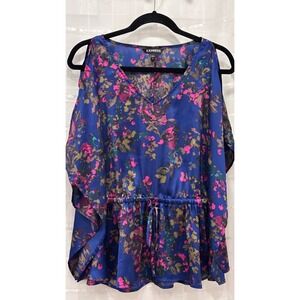 Express Floral Cold Shoulder Top Blue Pink V-Neck Drawstring Waist Small